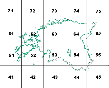 Eesti kontuur ja 1:200000 mõõtkavas kaardiruudustik