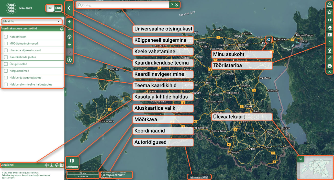 Eesti kaart X-GIS kaardirakenduses selgitavate tekstidega