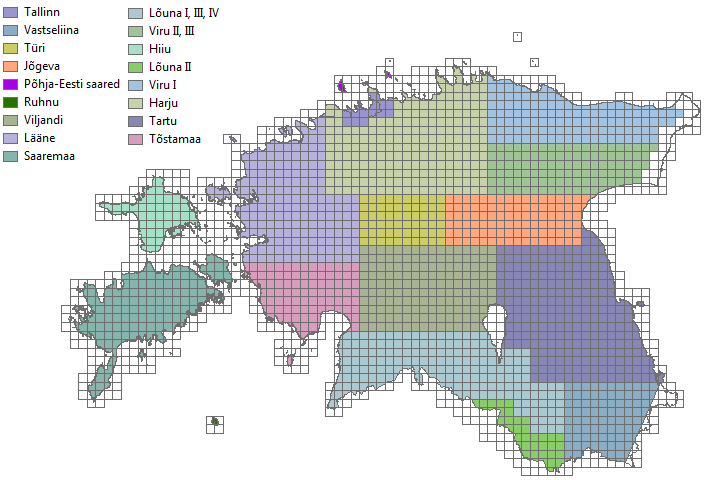 Eesti kujutis jagatud kaardiruudustikuks kaardistusobjektide kaupa